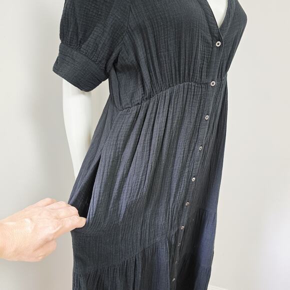 Madewell Dress Size 8 Black Lightspun Gauze Tiered Button Front Midi Pockets - Picture 5 of 16